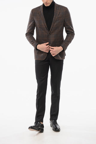 Checkered Motif Wool Blend Single Breasted Blazer With Jetted Pockets