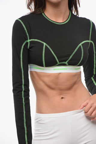 Crop Top a Maniche Lunghe con Cuiciture a Vista