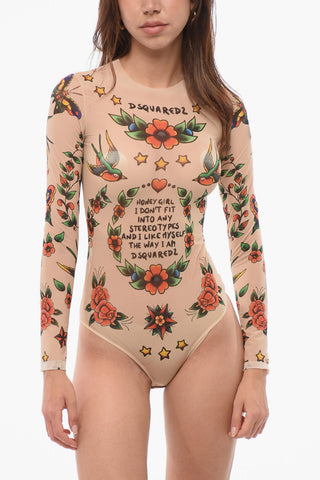 Body a Maniche Lunghe in Mesh Motivo Tattoo