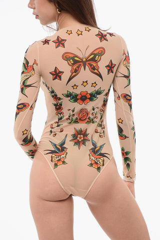 Body a Maniche Lunghe in Mesh Motivo Tattoo