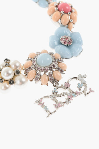 Metal Choker Necklace with Floral Design Embellished with Rhinestones