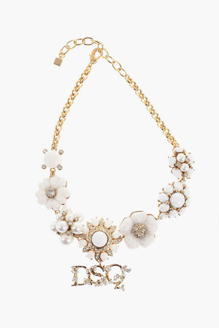Metal Choker Necklace with Floral Design Embellished with Rhinestones