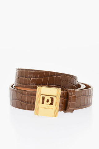 Crocodile Effect Leather Belt with Golden Buckle 25mm