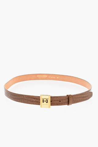 Crocodile Effect Leather Belt with Golden Buckle 25mm