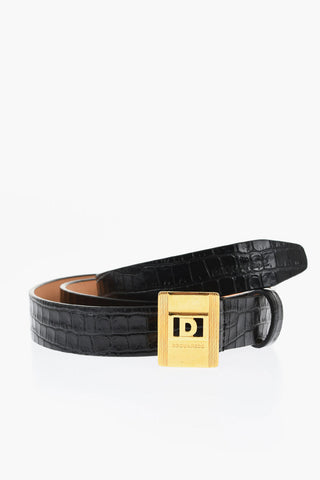 Crocodile Effect Leather Belt with Golden Buckle 25mm