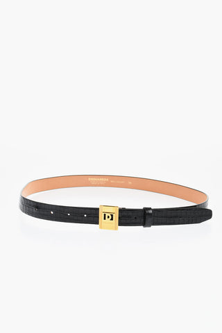 Crocodile Effect Leather Belt with Golden Buckle 25mm