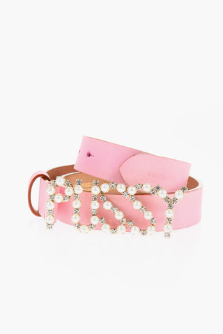Leather Belt with Buckle Embellished with Crystals and Beads 25mm