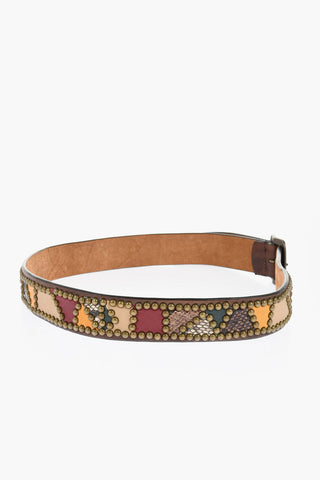 Studded Leather Belt with Python Effect Details 40mm