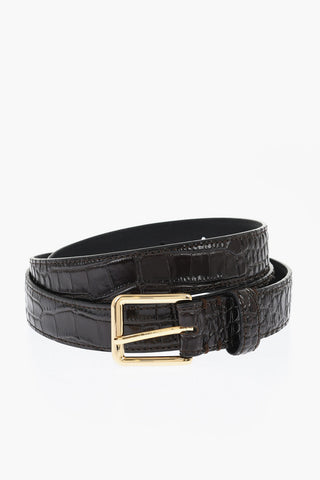 Crocodile Effect Leather Belt with Golden Buckle 25mm