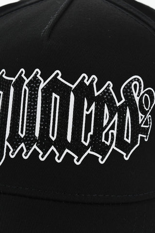 Vintage Effect Cap with Rhinestone and Gothic Print Logo