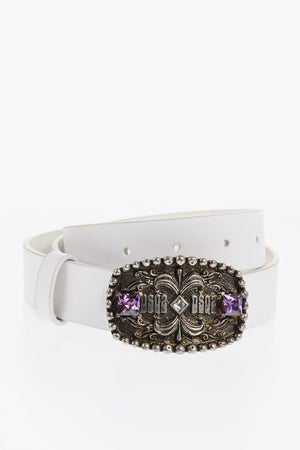 Solid-Color Leather Belt with Metal Buckle Embellished with Crystals 30mm
