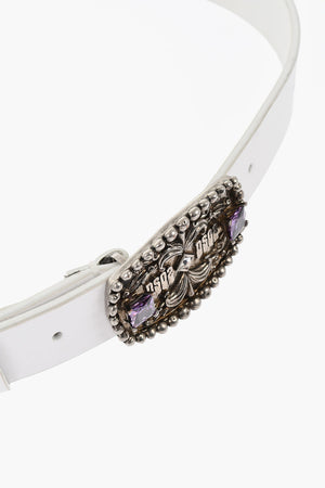 Solid-Color Leather Belt with Metal Buckle Embellished with Crystals 30mm