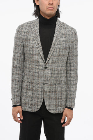 Wool-Blend Single-Breasted Blazer with Check Pattern and Patch Pockets