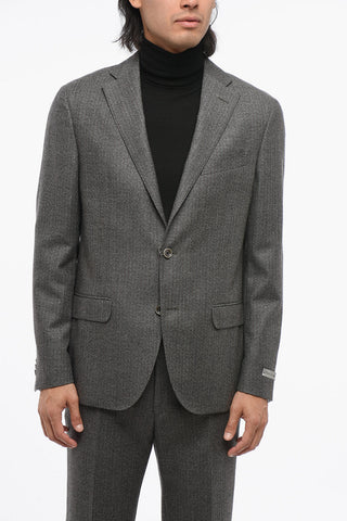 Pinstriped Motif Single Breasted Wool Suit With Flap Pockets