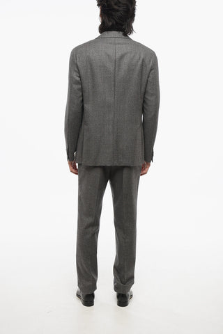 Pinstriped Motif Single Breasted Wool Suit With Flap Pockets