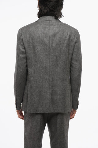 Pinstriped Motif Single Breasted Wool Suit With Flap Pockets