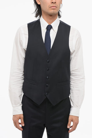 CC COLLECTION Three-Piece Virgin Wool Suit with Waistcoat, Two Vents and Peak Lapel