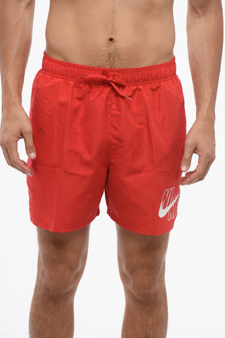 Boxer Swim Trunks Solid-Color with Contrasting Logo