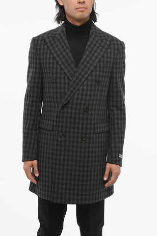 Wool Double Breasted Coat With Checkered Motif