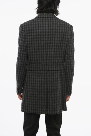 Wool Double Breasted Coat With Checkered Motif