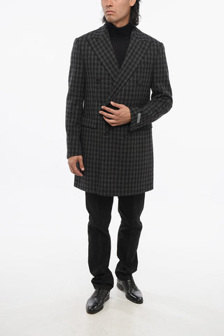Wool Double Breasted Coat With Checkered Motif