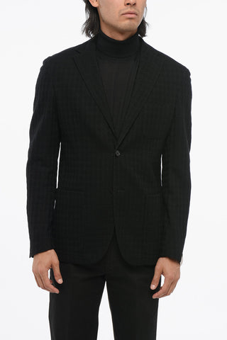 Houdstooth Motif Unlined Wool Single Breasted Blazer