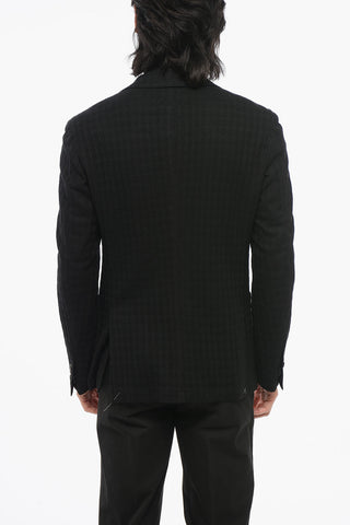 Houdstooth Motif Unlined Wool Single Breasted Blazer