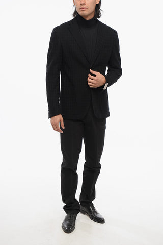 Houdstooth Motif Unlined Wool Single Breasted Blazer