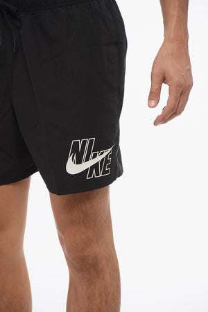 Boxer Swim Trunks Solid-Color with Printed Logo