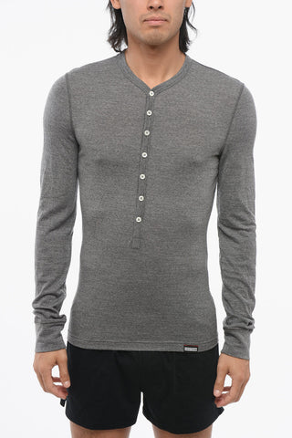 Long-sleeved Wool Blend T-Shirt with Front Buttoning