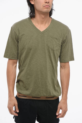 V Neck Cotton Blend T-Shirt with Breast-pocket
