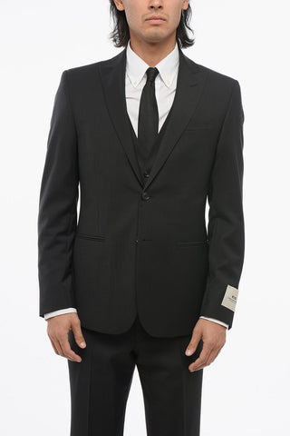 CC COLLECTION Virgin Wool Three-Piece Suit with Waistcoat, Two Vents and Peak Lapel