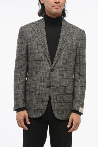 Checkered Motif Single Breasted Wool Blazer With Flap Pockets