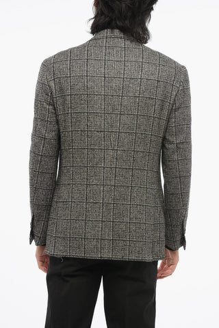 Checkered Motif Single Breasted Wool Blazer With Flap Pockets