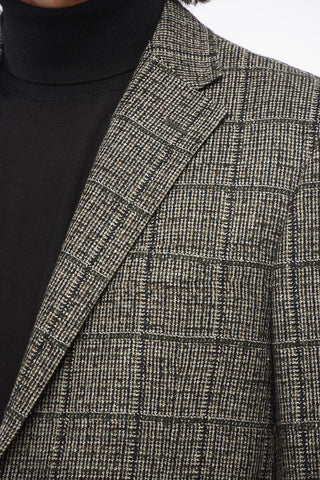 Checkered Motif Single Breasted Wool Blazer With Flap Pockets