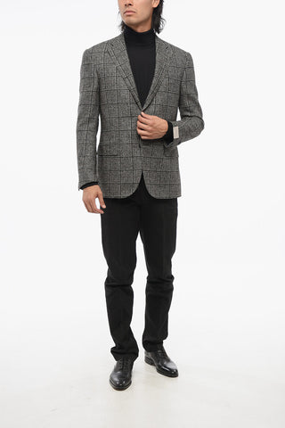 Checkered Motif Single Breasted Wool Blazer With Flap Pockets