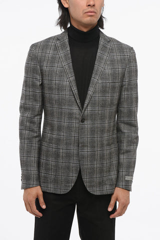 Wool-Blend Single-Breasted Blazer with Check Pattern and Patch Pockets