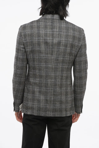 Wool-Blend Single-Breasted Blazer with Check Pattern and Patch Pockets