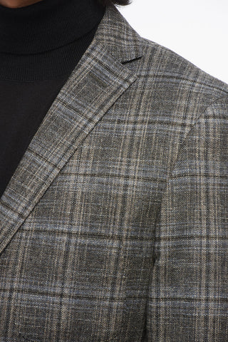Wool-Blend Single-Breasted Blazer with Check Pattern and Patch Pockets