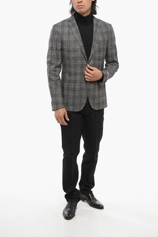 Wool-Blend Single-Breasted Blazer with Check Pattern and Patch Pockets