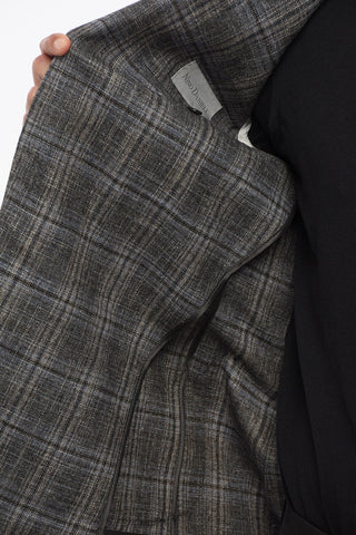 Wool-Blend Single-Breasted Blazer with Check Pattern and Patch Pockets
