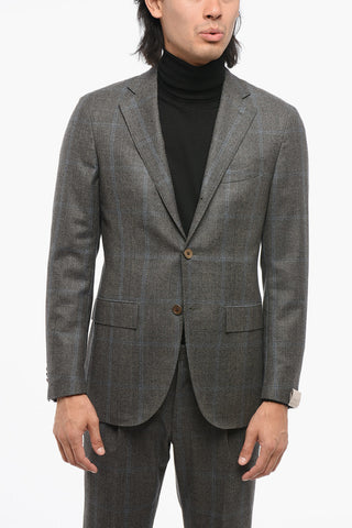 Prince Of Wales Motif Wool Single Breasted Blazer With Flap Pockets