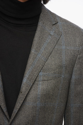 Prince Of Wales Motif Wool Single Breasted Blazer With Flap Pockets