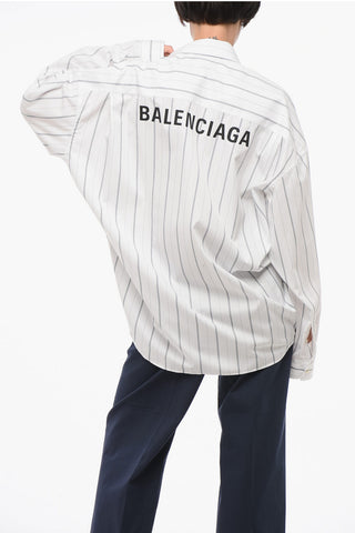 Hairline Patterned Oversized Shirt with Printed Logo