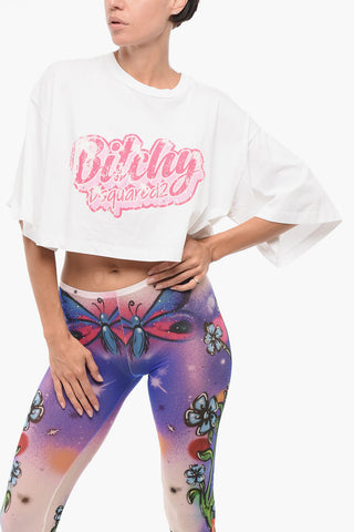 Oversized Cropped T-Shirt with Front Print Embellished with Rhinestones