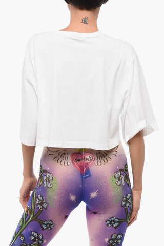 Oversized Cropped T-Shirt with Front Print Embellished with Rhinestones