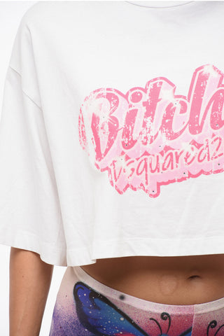 Oversized Cropped T-Shirt with Front Print Embellished with Rhinestones