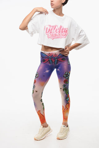 Oversized Cropped T-Shirt with Front Print Embellished with Rhinestones