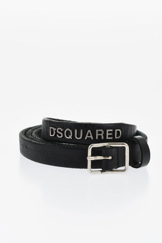 Leather Skinny Belt with Silver-Tone Metal Logo 15mm