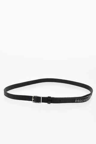 Leather Skinny Belt with Silver-Tone Metal Logo 15mm